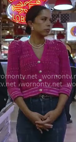 Adriana Diaz’s pink v-neck cardigan on CBS Mornings