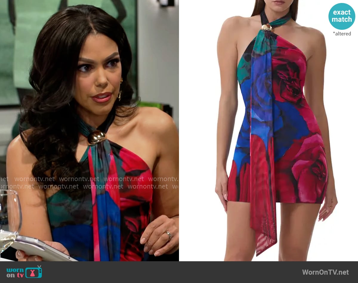 AFRM Brylee Halter Neck Minidress in Multi Blur Rose worn by Dani Dupree (Karla Mosley) on Beyond the Gates
