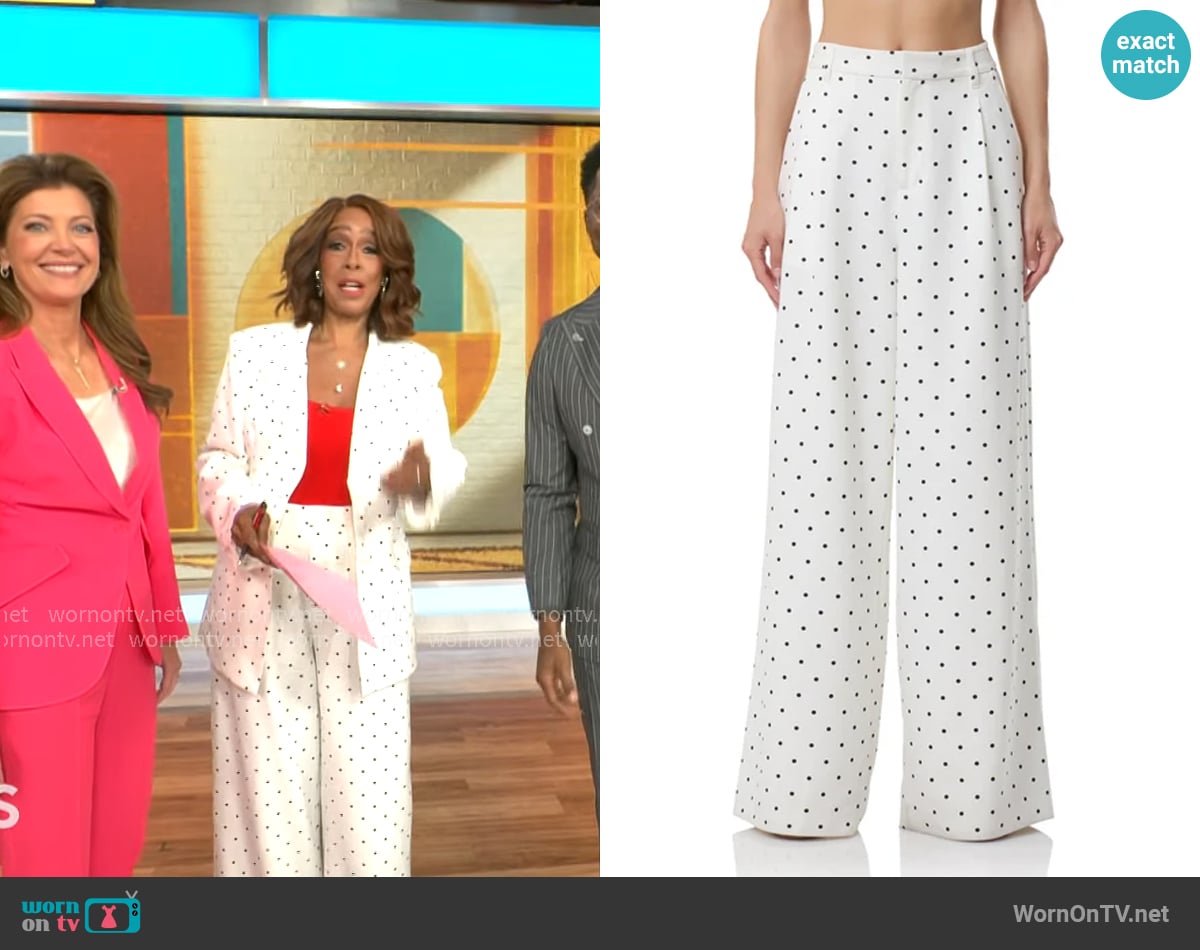 AFRM Davey Pant in White Mini Dot worn by Gayle King on CBS Mornings