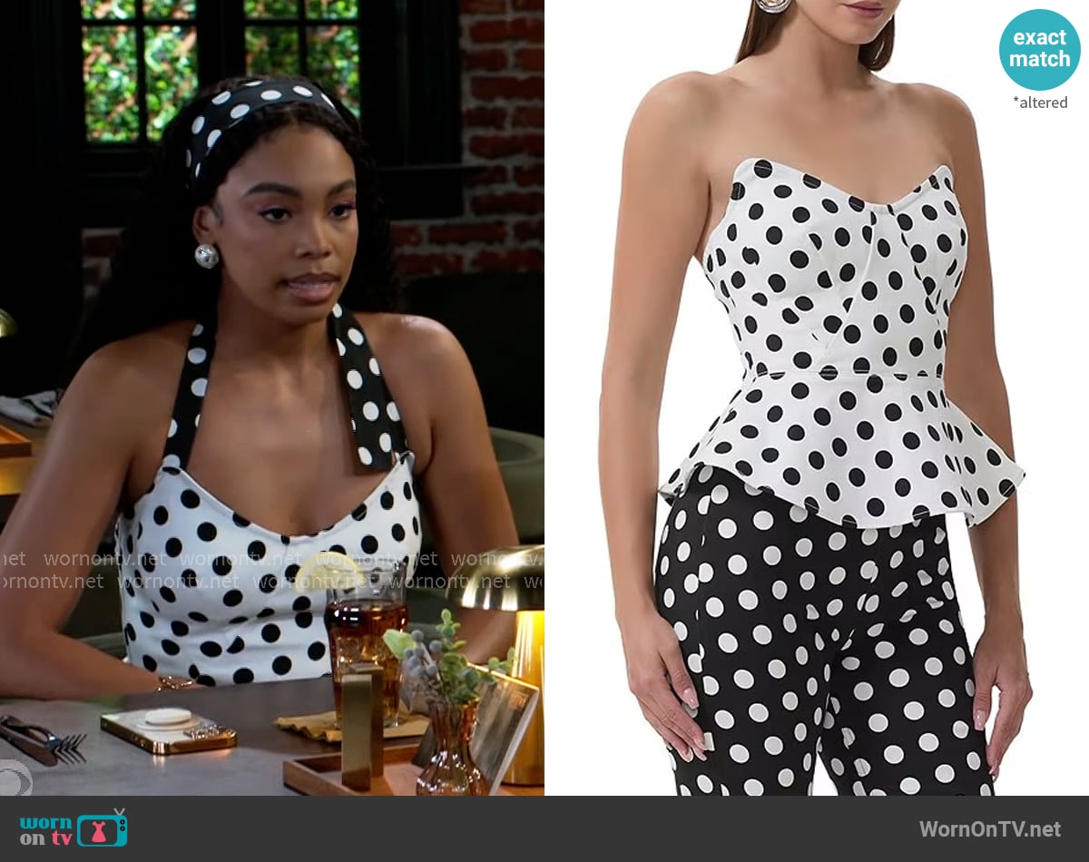 AFRM Merida Top in White Coin Dot worn by Chelsea Hamilton (RhonniRose Mantilla) on Beyond the Gates