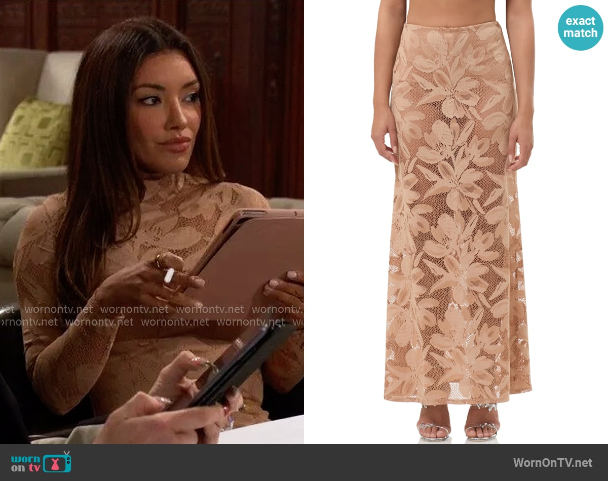 AFRM Tilly Skirt in Almond worn by Audra Charles (Zuleyka Silver) on The Young and the Restless