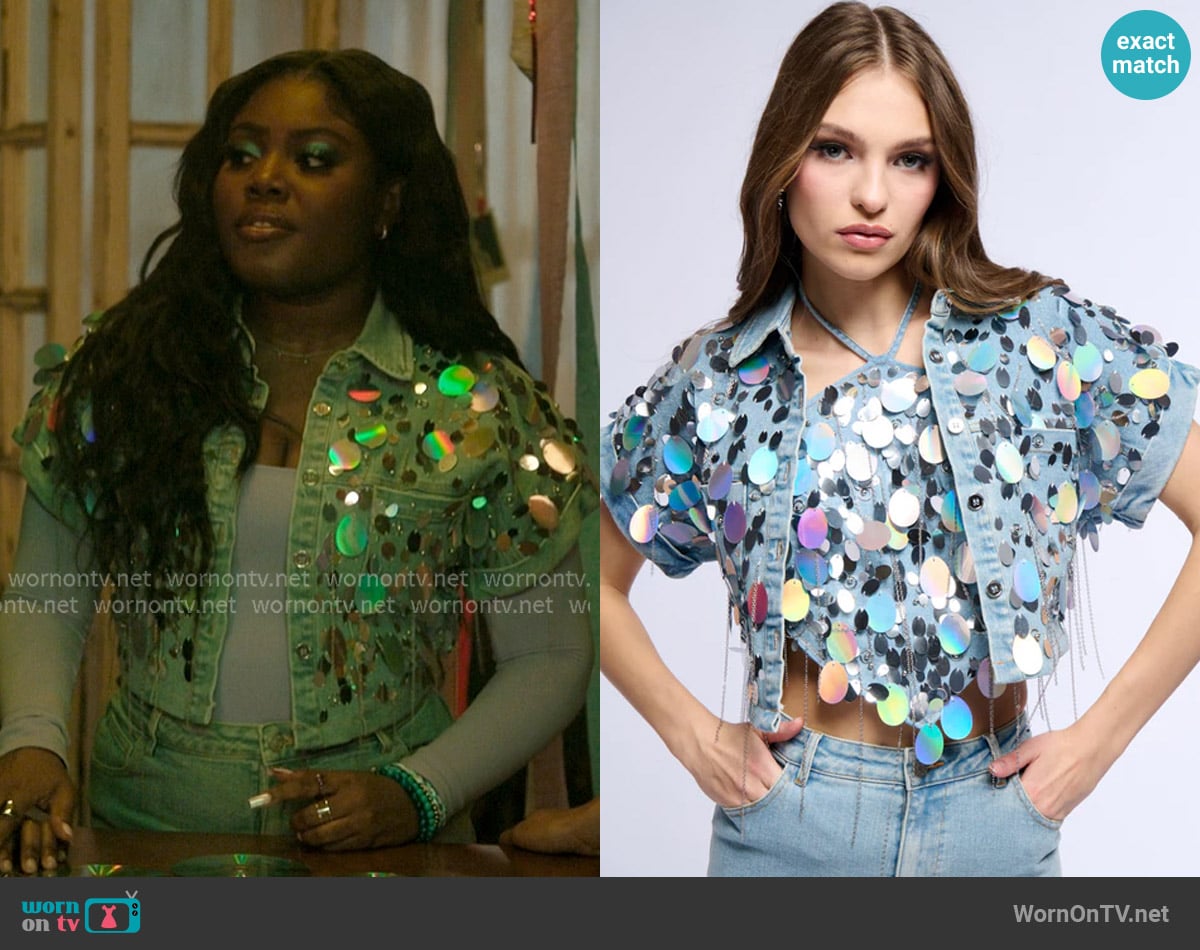 Akira A Girl Named Lucky Embellished Button Down Denim Crop Top worn by Lynae (Zaria Imani Primer) on The Chi