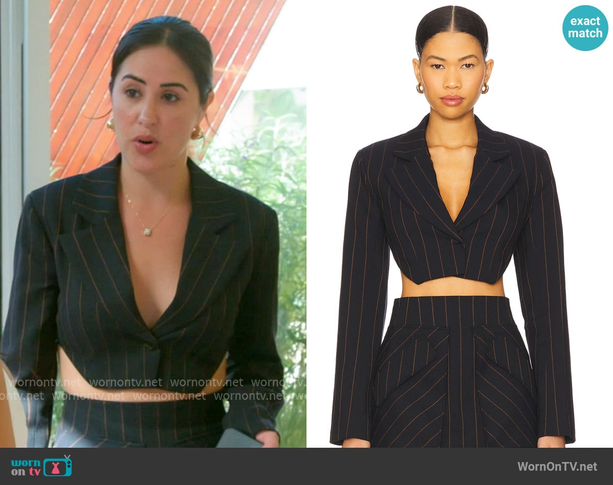 Michelle’s navy cropped pinstripe blazer on The Valley Michelle’s navy cropped pinstripe blazer on The Valley