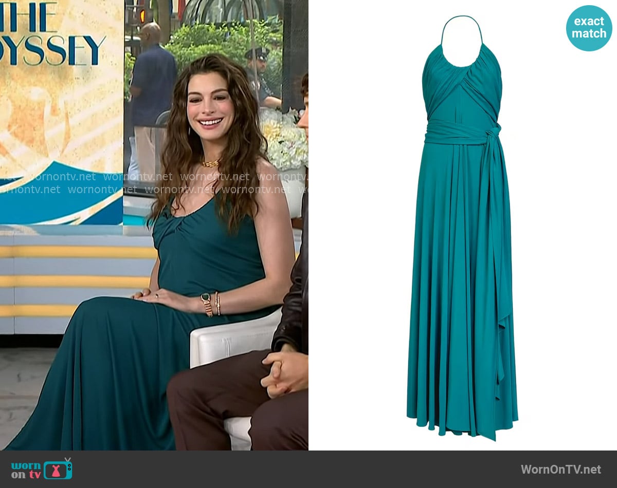 Alaia Jersey Draped Maxi Dress in duck blue worn by Anne Hathaway on Today