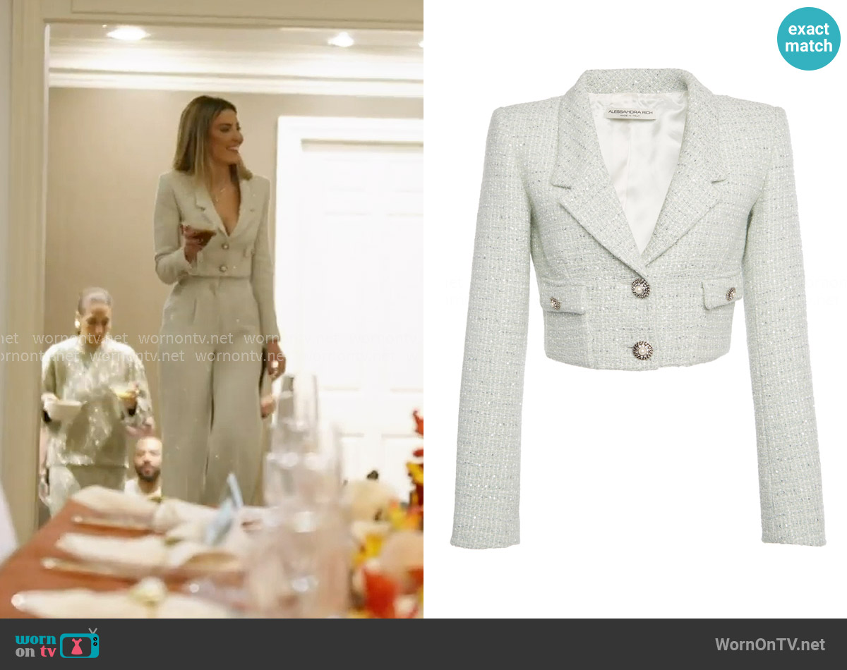 Alessandra Rich Cropped Embellished Sequined Tweed Jacket worn by Georgina Ferzli on In The City