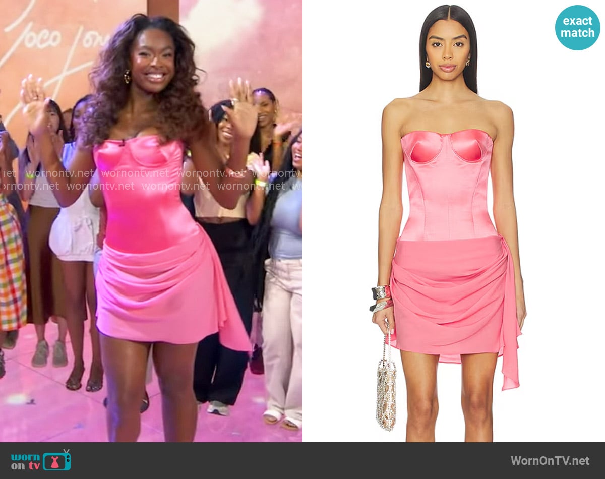 Alex Perry Strapless Cupped Longline Corset Mini Dress in Coral worn by Coco Jones on Good Morning America
