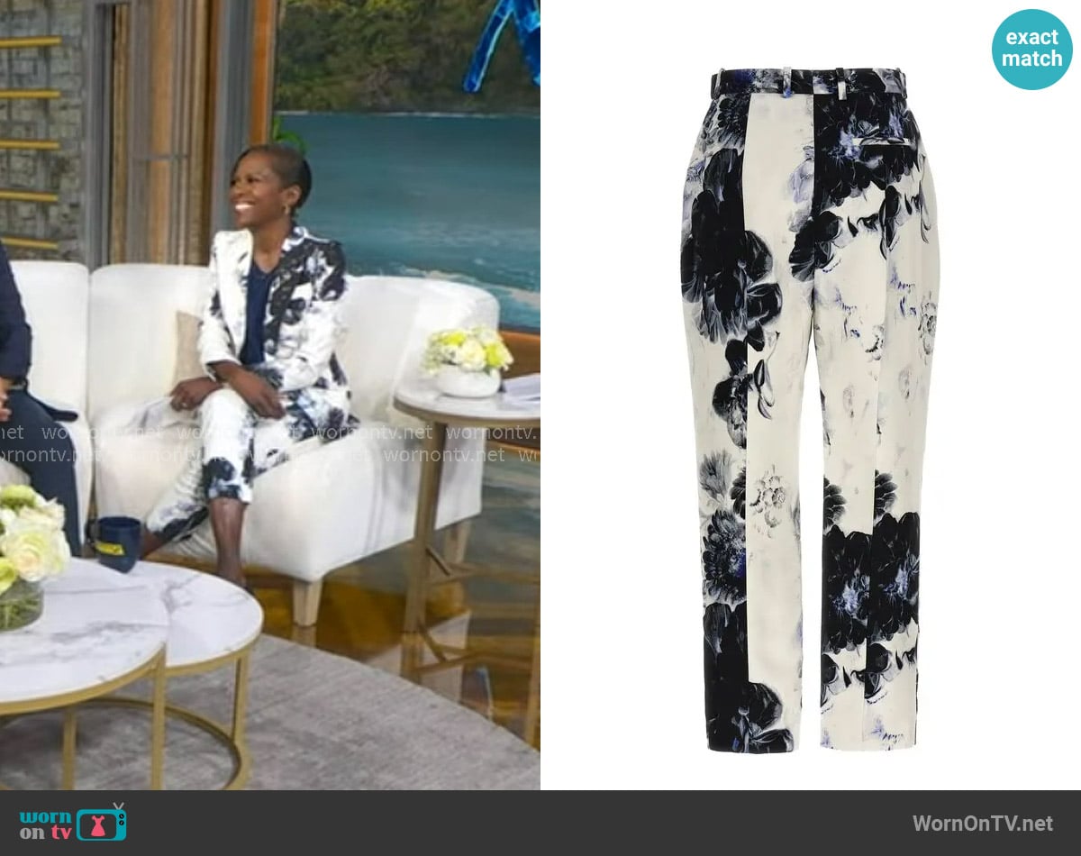 Alexander McQueen Chiaroscuro Cigarette Trousers worn by Deborah Roberts on Good Morning America