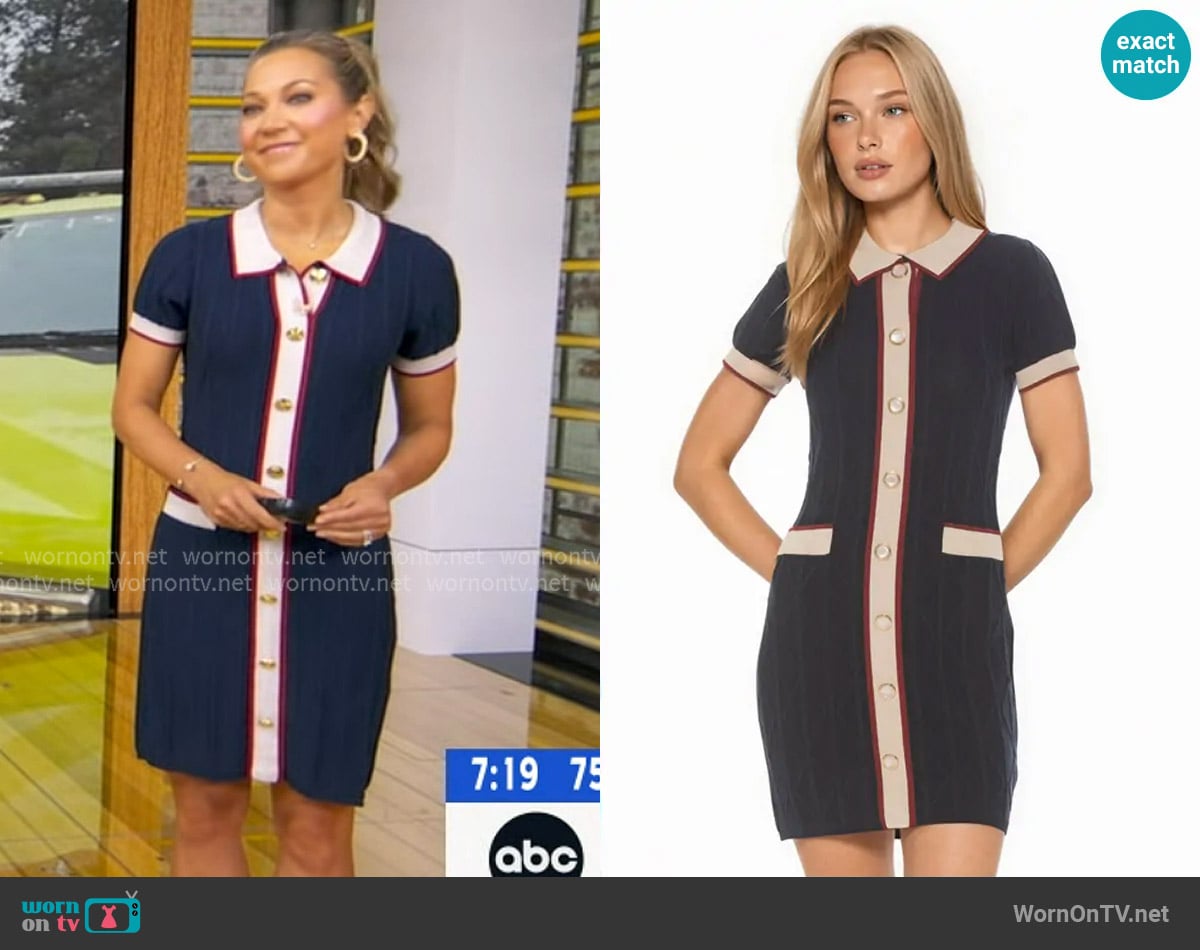 Alexia Admor Cove Collared Button Down Contrast Knit in Navy worn by Ginger Zee on Good Morning America