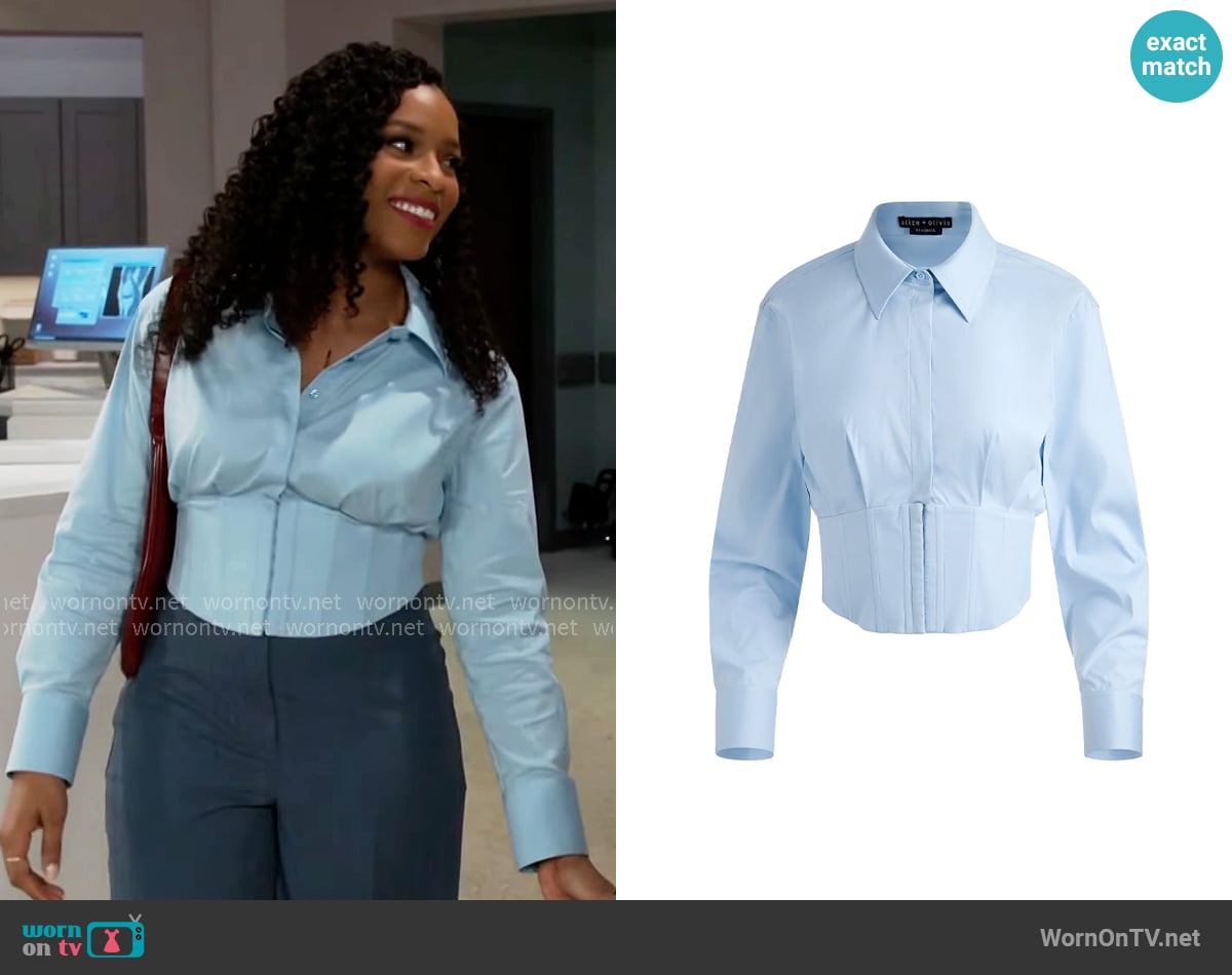 Alice + Olivia Edie Corset Shirt worn by Naomi Hamilton Hawthorne (Arielle Prepetit) on Beyond the Gates