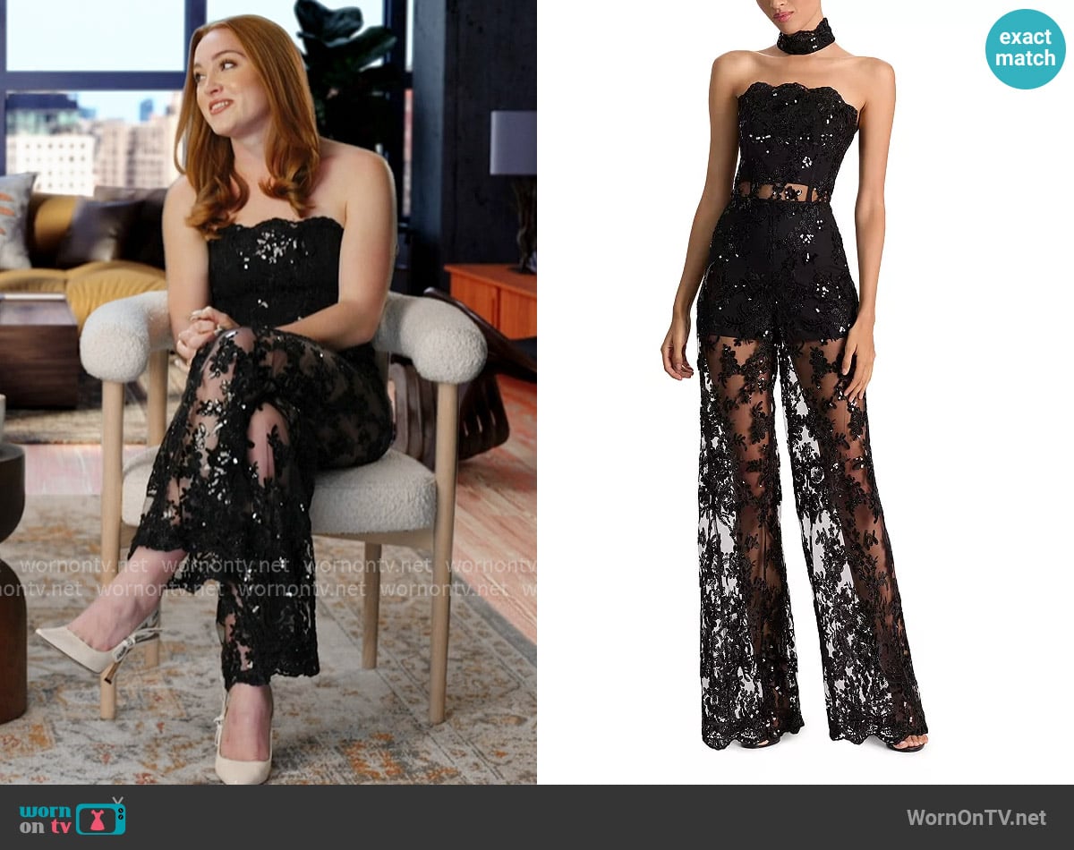 Alice + Olivia Georgie Embellished Lace Jumpsuit worn by Rowan Henchy on Next Gen NYC