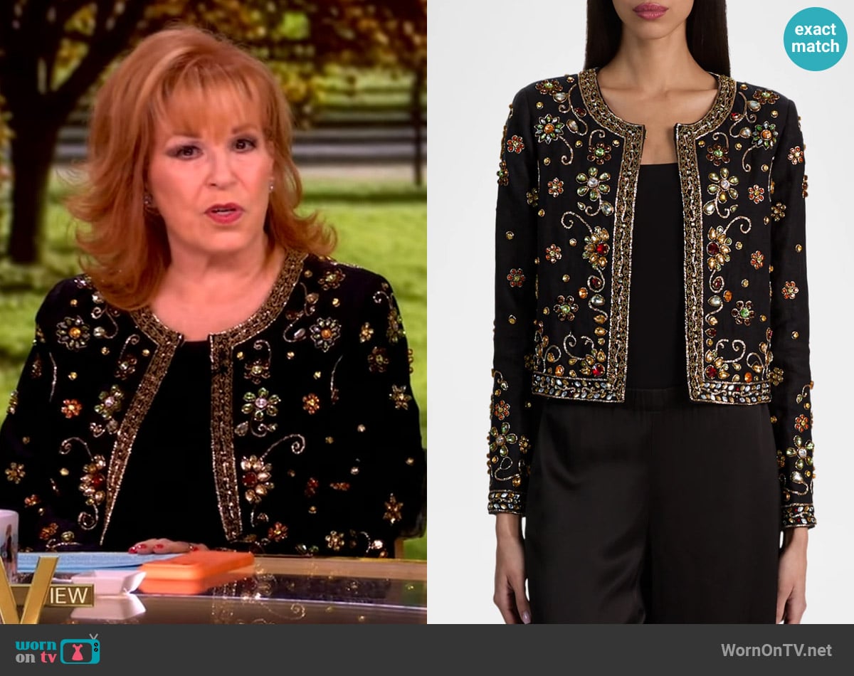 Joy’s floral embellished black jacket on The View Joy’s floral embellished black jacket on The View