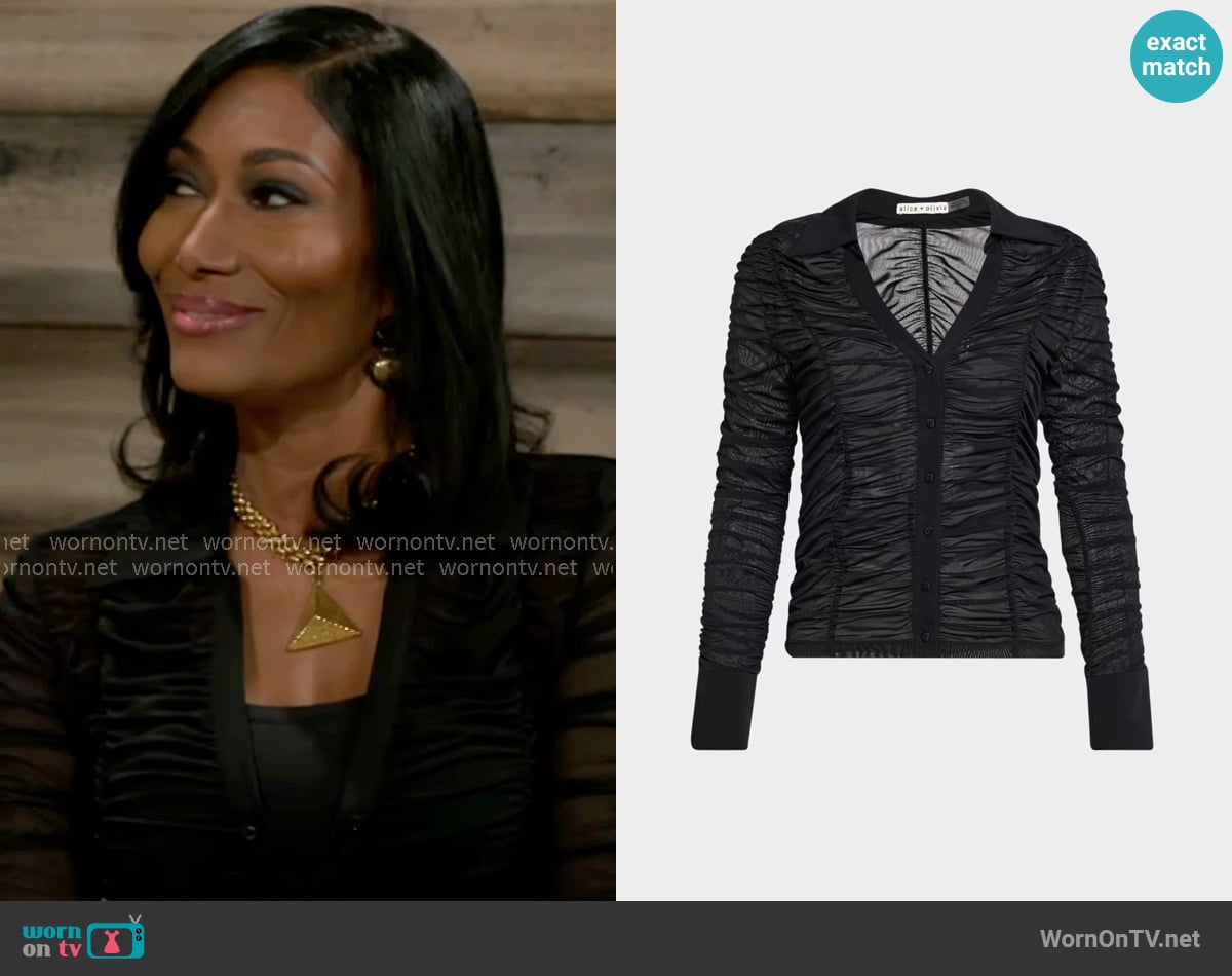 Leslie’s black ruched mesh shirt on Beyond the Gates Leslie’s black ruched mesh shirt on Beyond the Gates