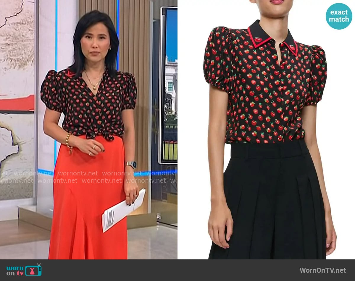 Alice + Olivia Willa Embroidered Top in Pink Lady Apple worn by Vicky Nguyen on NBC News Daily