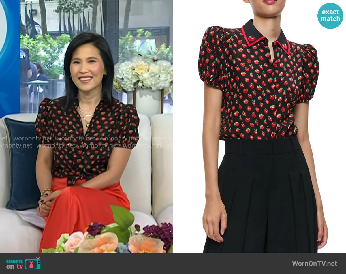 Alice + Olivia Willa Embroidered Top in Pink Lady Apple worn by Vicky Nguyen on Today