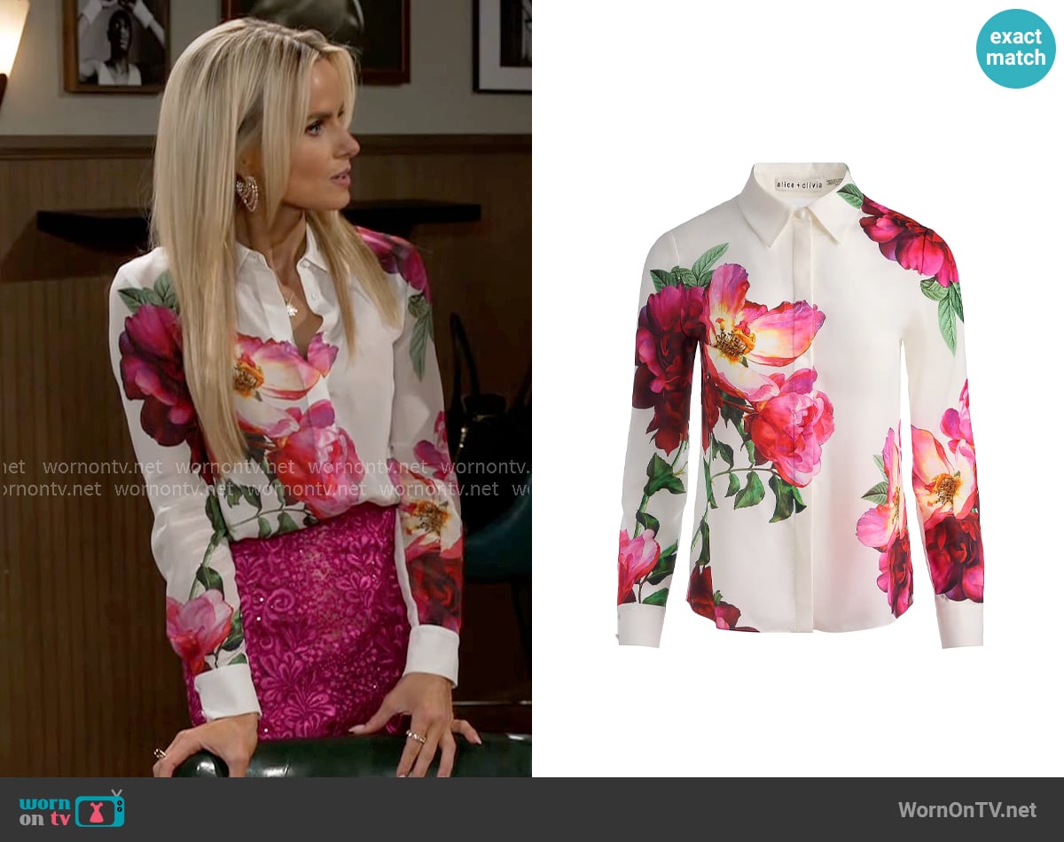 Alice + Olivia Willa Shirt in Empress Bloom Off White worn by Vanessa McBride (Lauren Buglioli) on Beyond the Gates