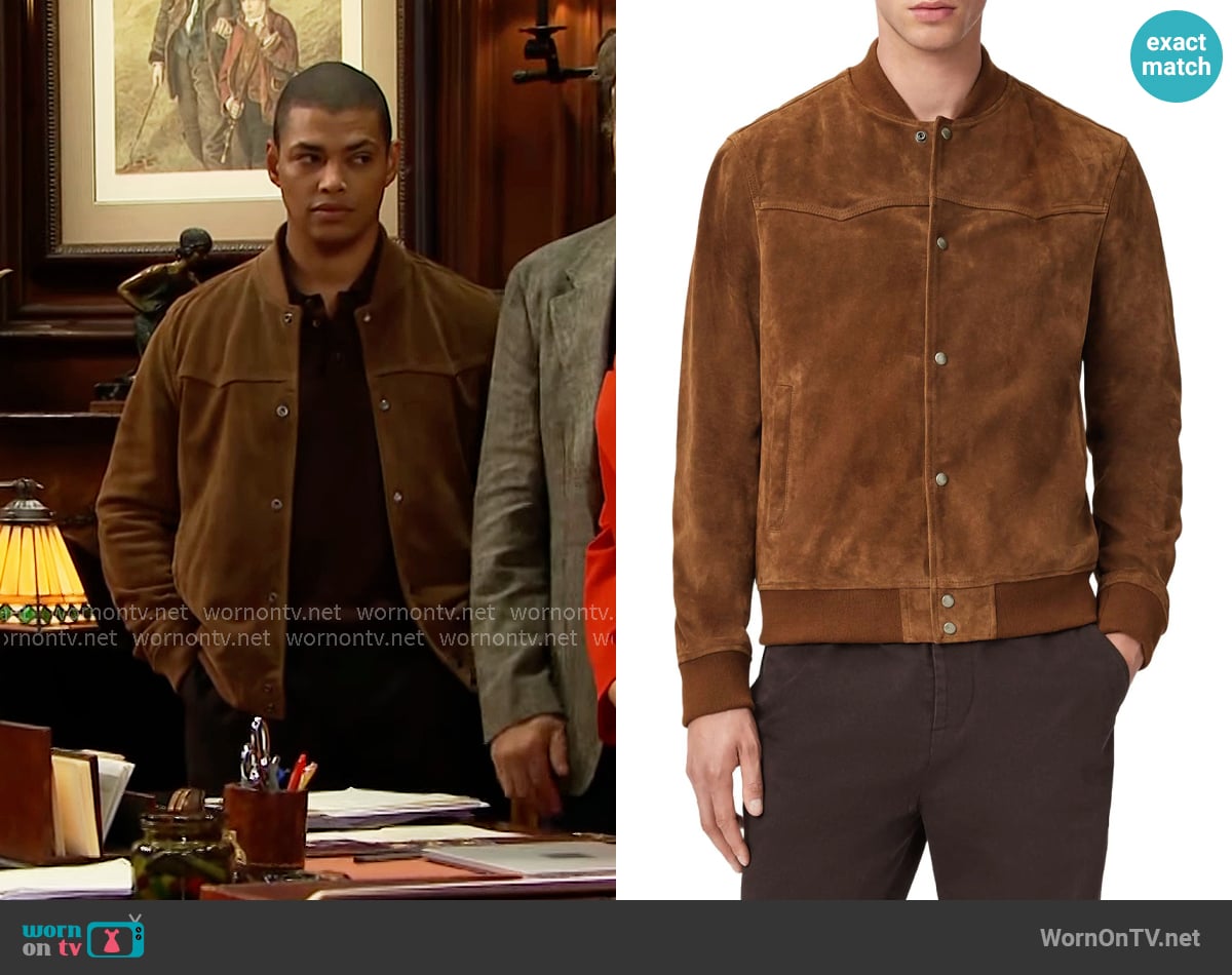 All Saints Stafford Suede Bomber Jacket in Hickory Brown worn by Zende Forrester Dominguez (Delon De Metz) on The Bold and the Beautiful
