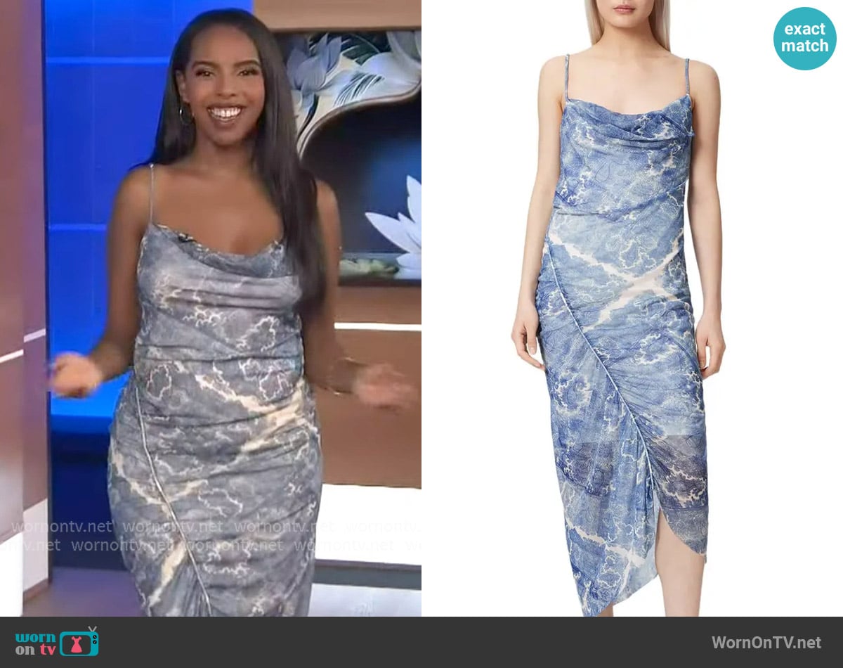 All Saints Ulla Paisley Print Ruched Asymmetric Hem Midi Dress worn by Mona Kosar Abdi on Extra