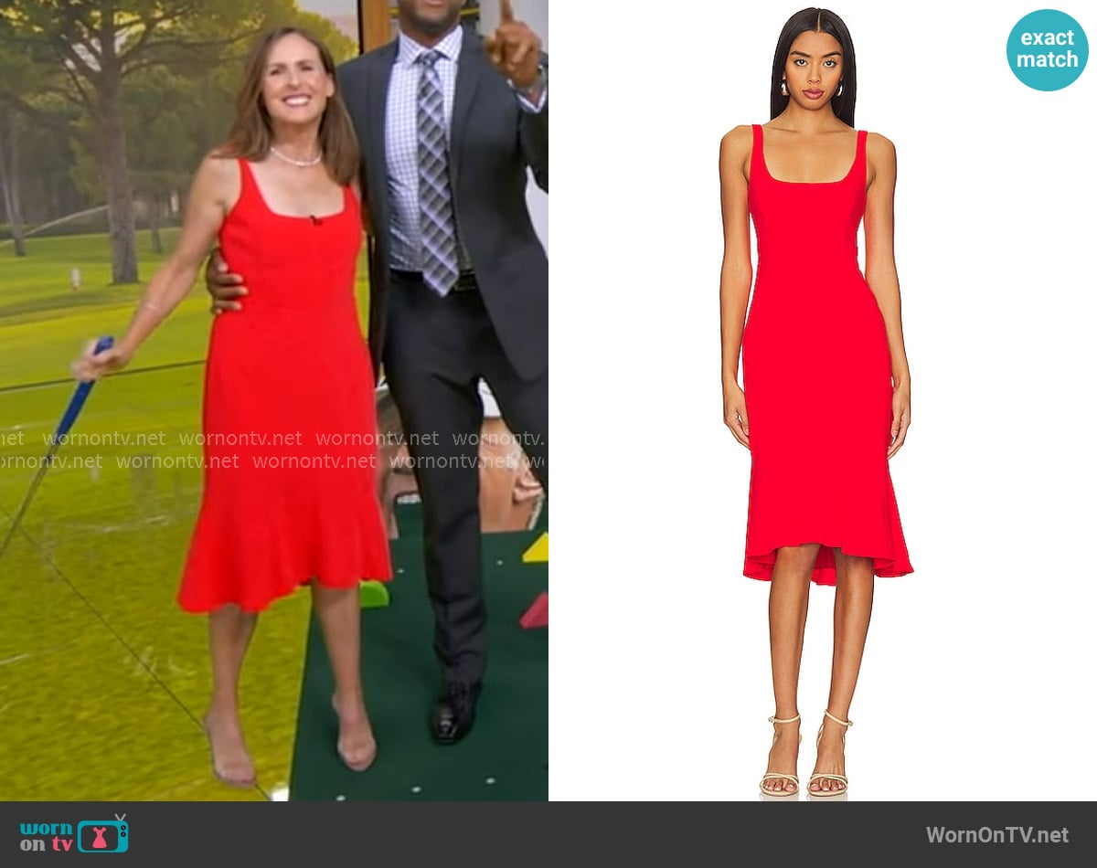 Amanda Uprichard Campania Midi Dress in Crimson worn by Molly Shannon on Good Morning America