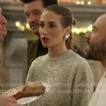 Amanda’s silver sweater and fringed hem knit skirt on In The City