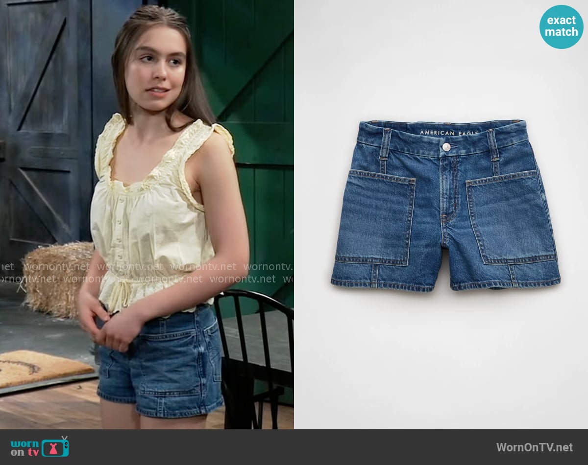 American Eagle Strigid Curvy Super High-Waisted Relaxed Denim Short worn by Scout Cain (Kayden Tokarski) on General Hospital