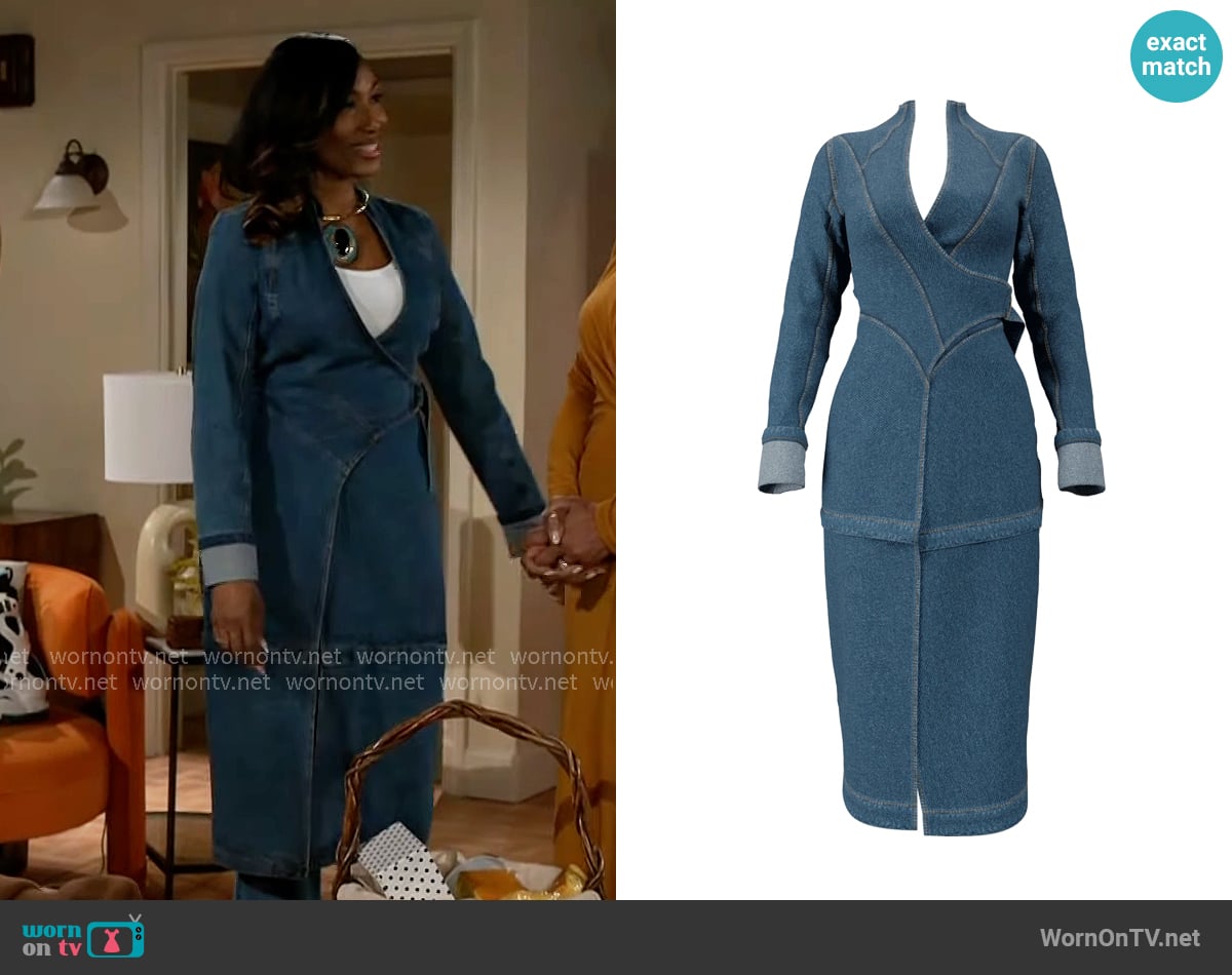 Andrea Iyamah Curva Jacket in Denim worn by Dana 'Leslie' Thomas (Trisha Mann-Grant) on Beyond the Gates