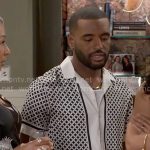 Andre’s black and white geometric print shirt on Beyond the Gates