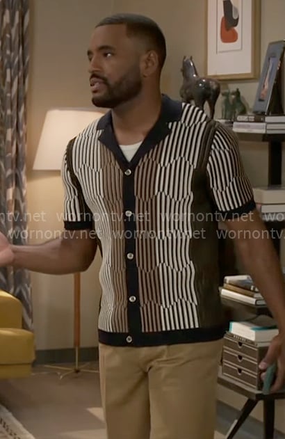 Andre’s brown and black printed knit shirt on Beyond the Gates