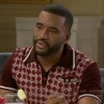 Andre’s burgundy geometric printed polo shirt on Beyond the Gates