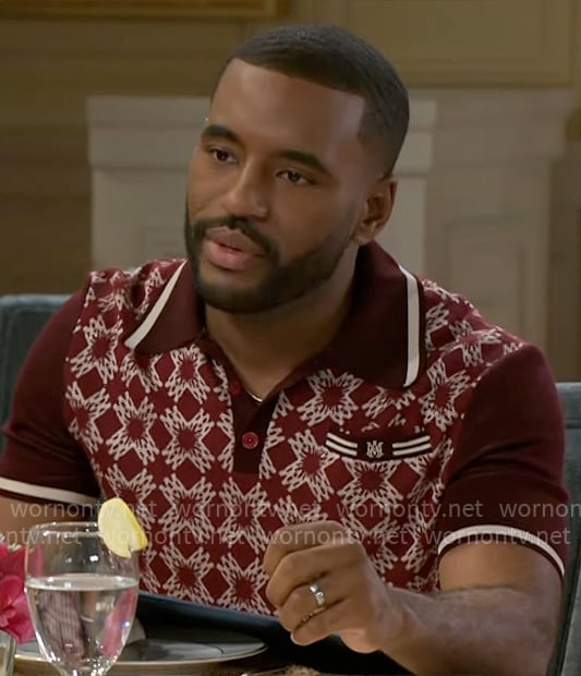 Andre’s burgundy geometric printed polo shirt on Beyond the Gates