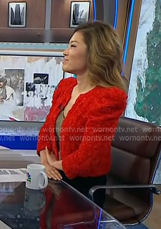 Angela Cenedella's red floral jacket on NBC News Daily