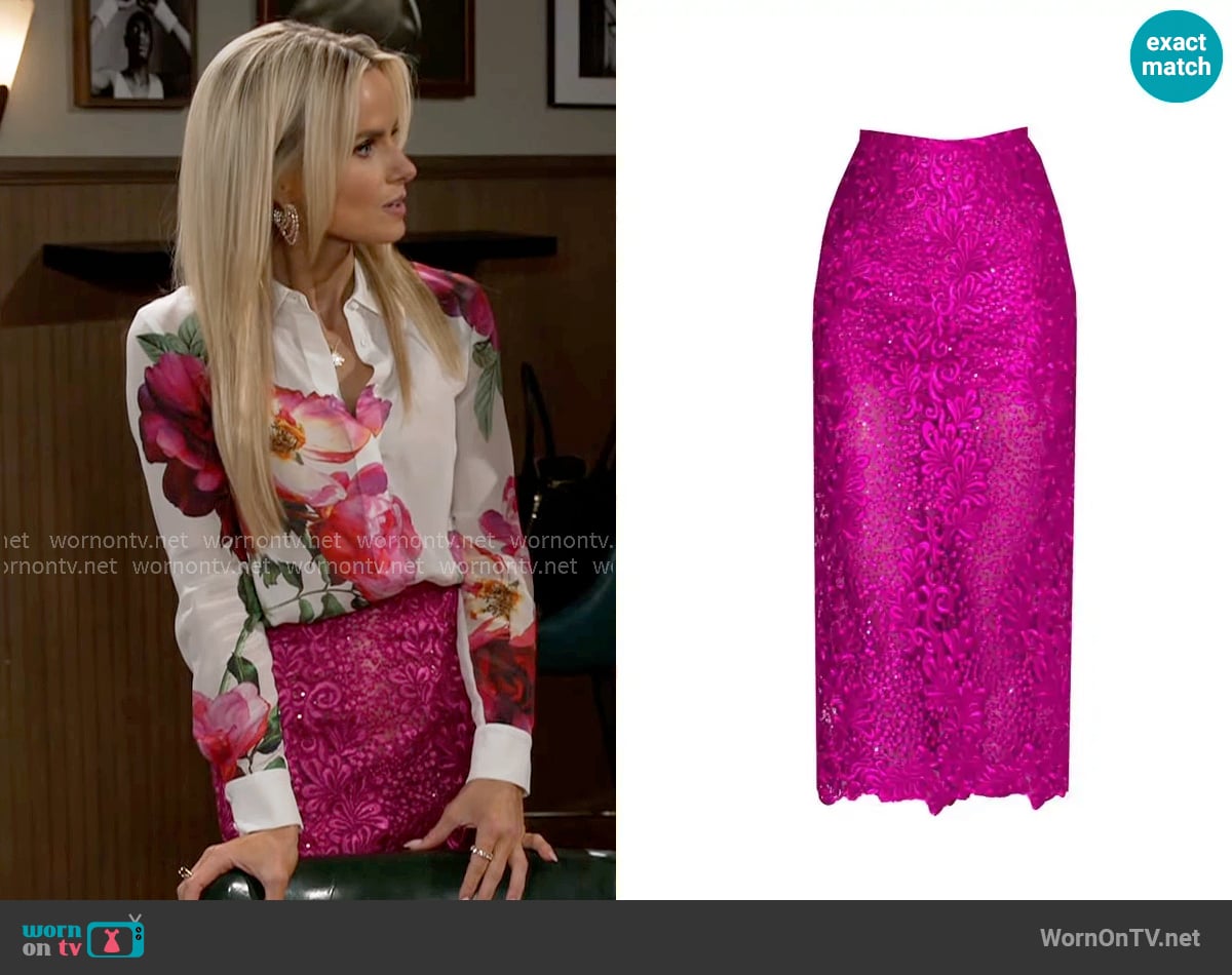 Angelika Jozefczyk Orchidea Lace Skirt in Fuchsia worn by Vanessa McBride (Lauren Buglioli) on Beyond the Gates