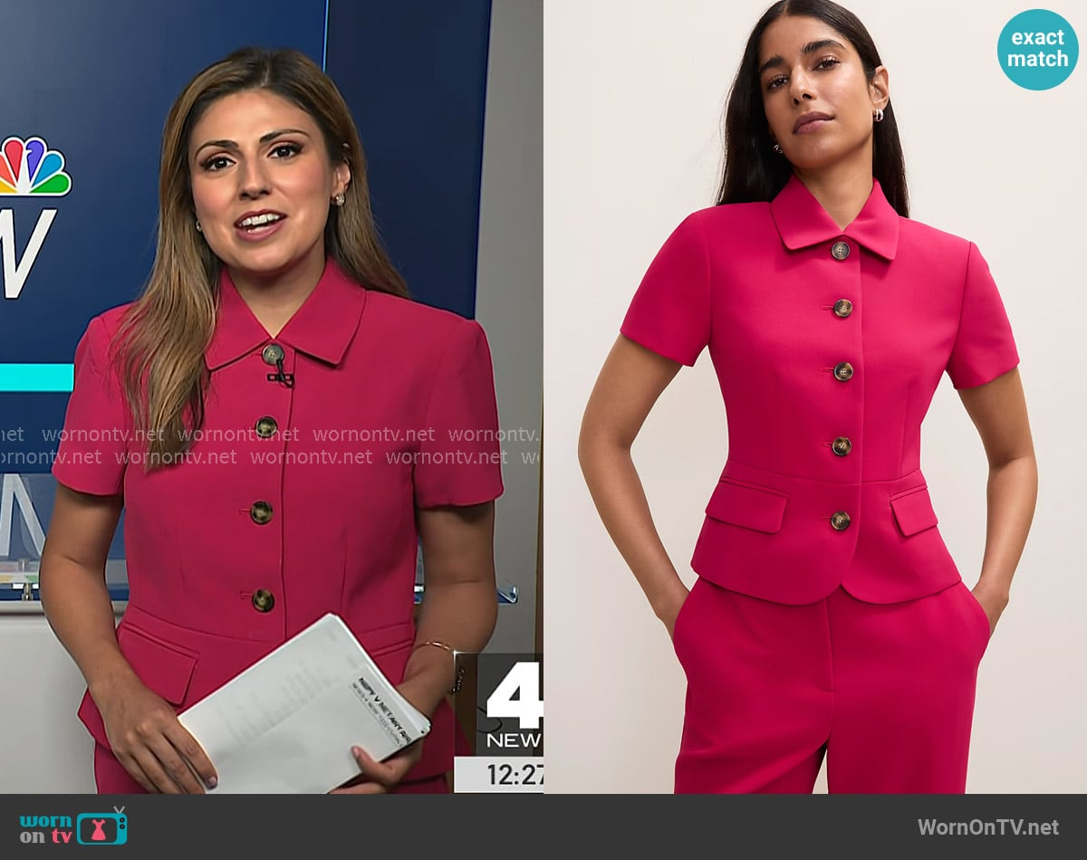 Ann Taylor The Collared Jacket in Fluid Crepe in Granita worn by Rana Novini on NBC News Daily