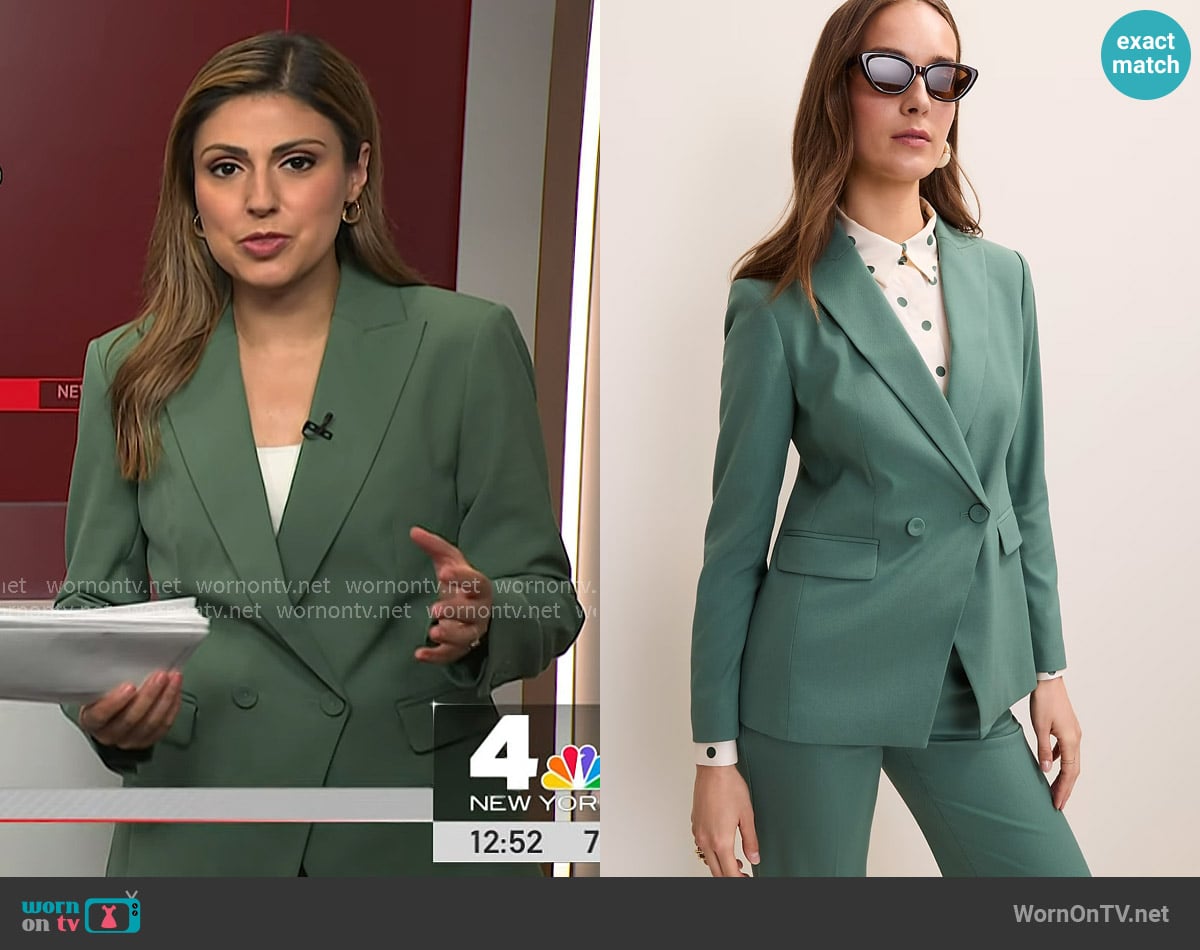 Ann Taylor The Fitted Cutaway Blazer in Shadowy Jade worn by Rana Novini on NBC News Daily