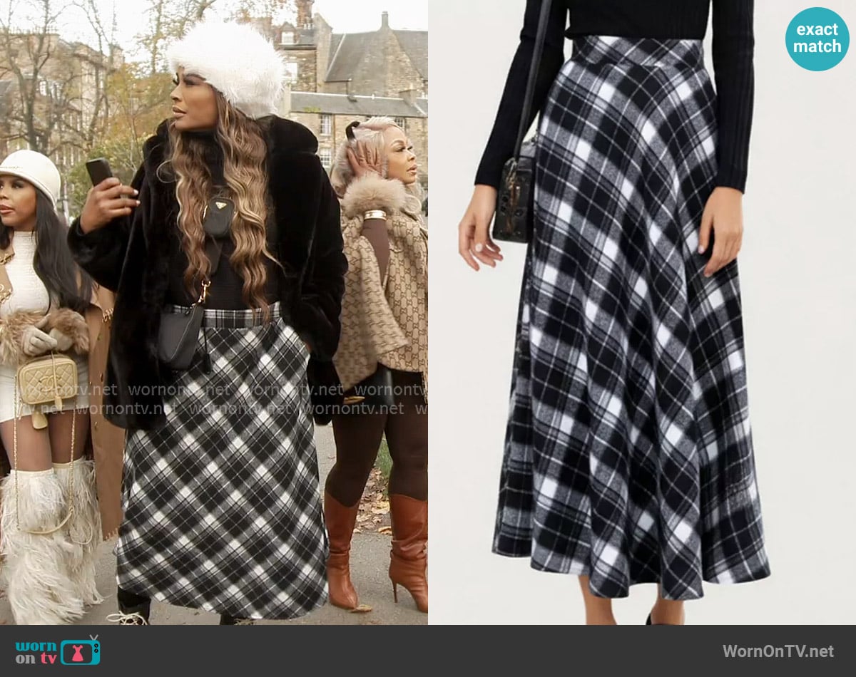 Anna-Kaci Plaid Maxi Skirt with Soft Flowing Drape and Comfortable Stretch Waistband Detail worn by Cynthia Bailey on The Real Housewives of Atlanta