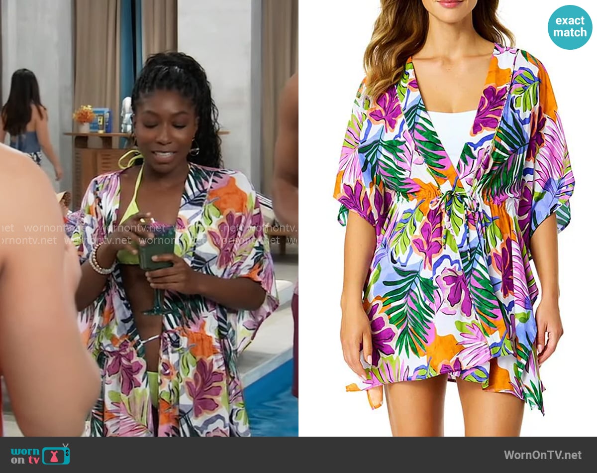 Anne Cole Mod Tropical Floral Flutter Sleeve Caftan Swim Cover Up worn by Trina Robinson (Tabyana Ali) on General Hospital