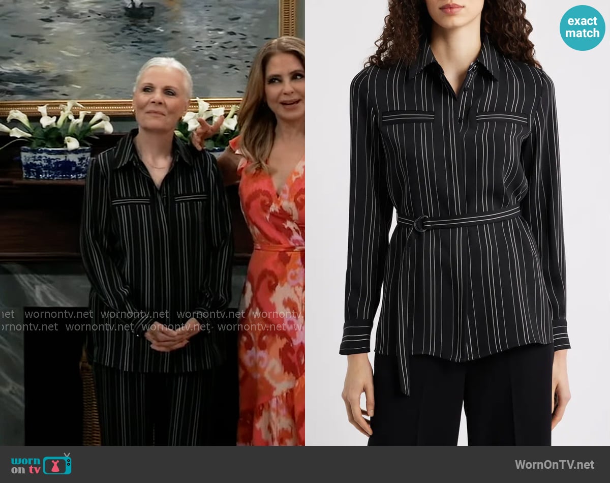 Anne Klein Pinstripe Belted Button-Up Tunic worn by Tracy Quartermaine (Jane Elliot) on General Hospital
