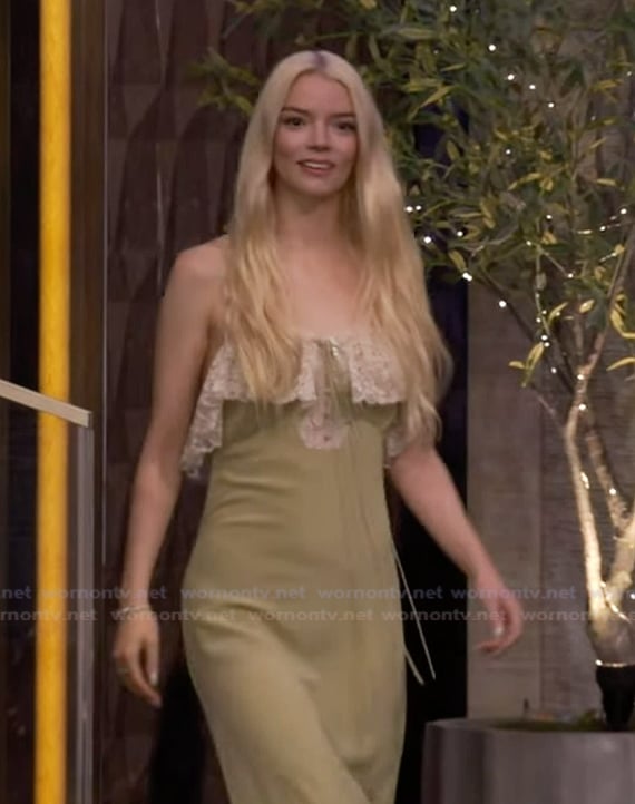 Anya Taylor-Joy’s green lace ruffle midi dress on Live with Kelly and Mark