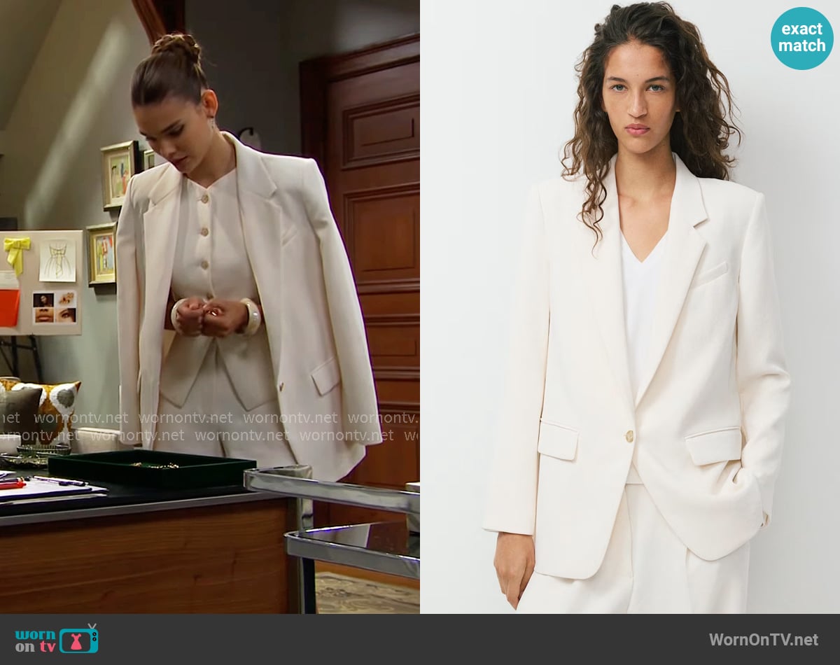 Aritzia Generation Blazer in Light Birch worn by Electra Forrester (Laneya Grace) on The Bold and the Beautiful