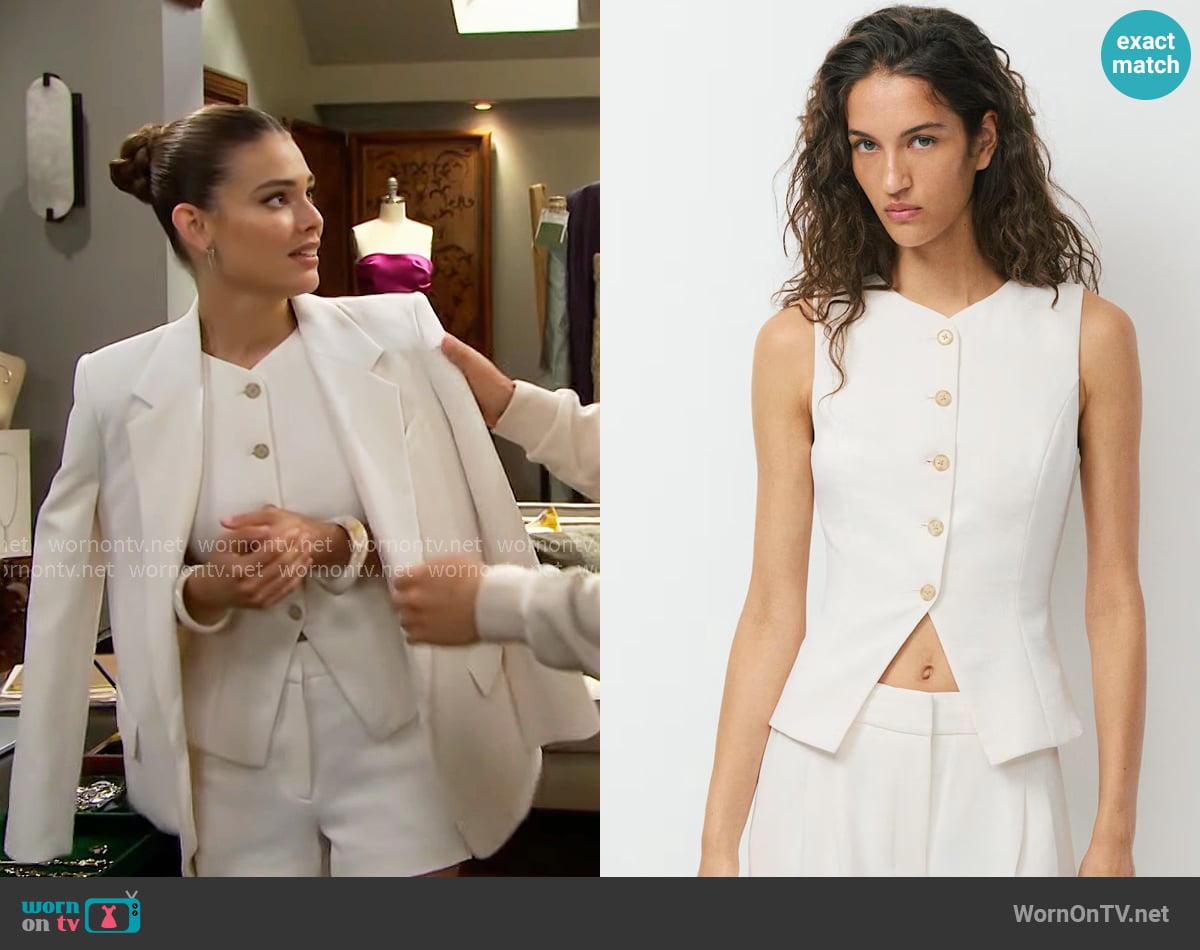 Aritzia Regal Vest in Light Birch worn by Electra Forrester (Laneya Grace) on The Bold and the Beautiful