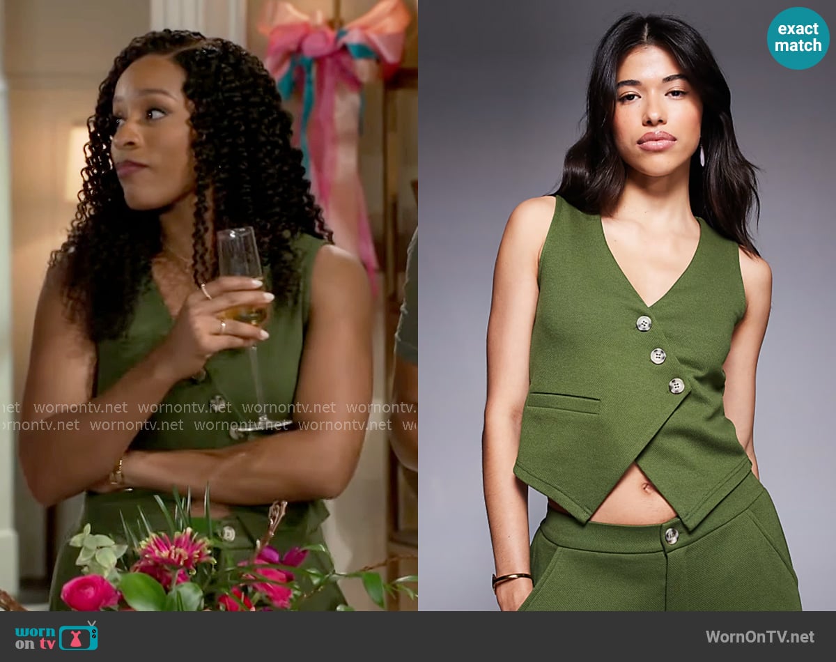 ASOS Design Jersey Twill Asymmetric Vest Top in Olive worn by Naomi Hamilton Hawthorne (Arielle Prepetit) on Beyond the Gates