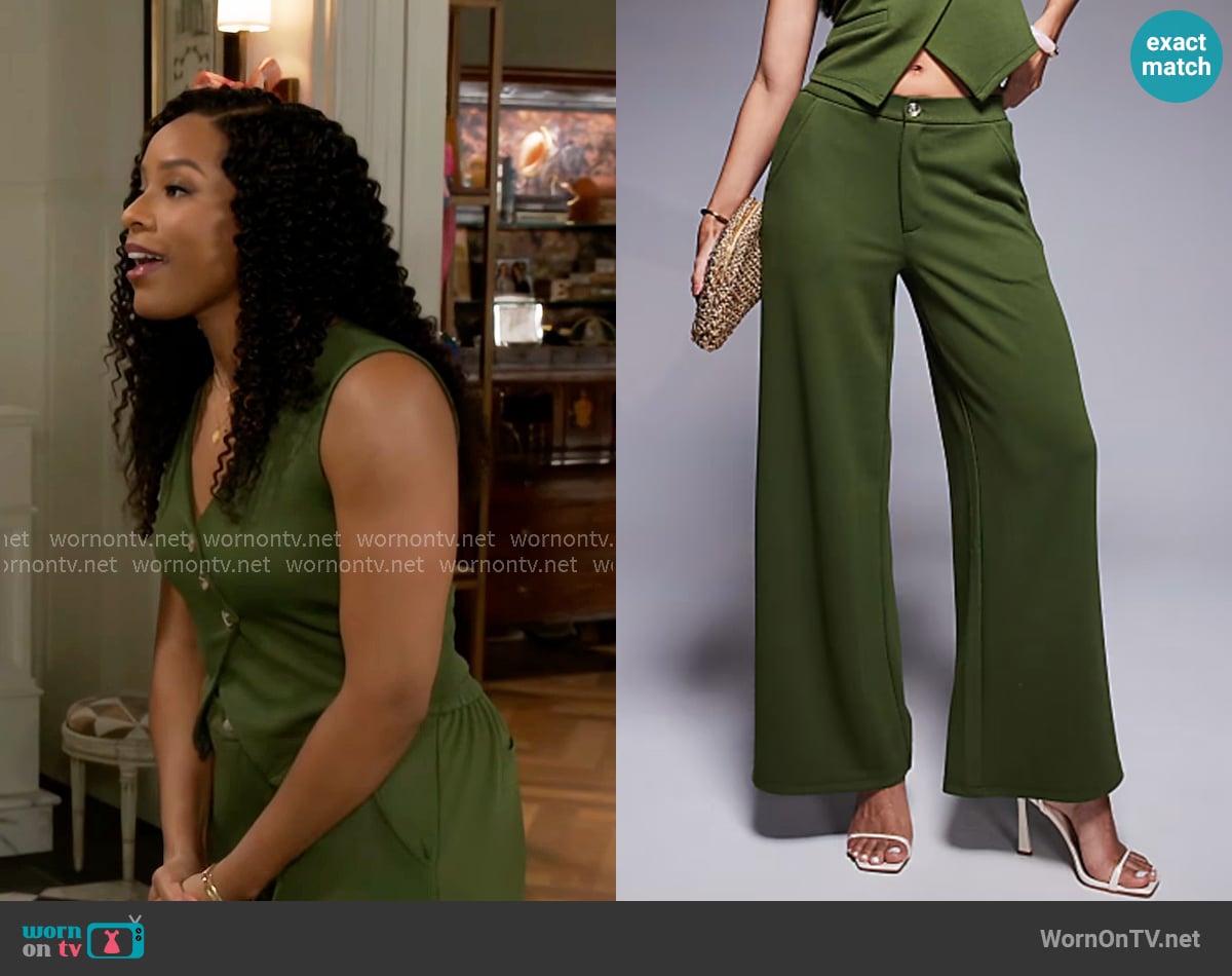 ASOS Design Jersey Twill Wide Leg Pants in Olive worn by Naomi Hamilton Hawthorne (Arielle Prepetit) on Beyond the Gates