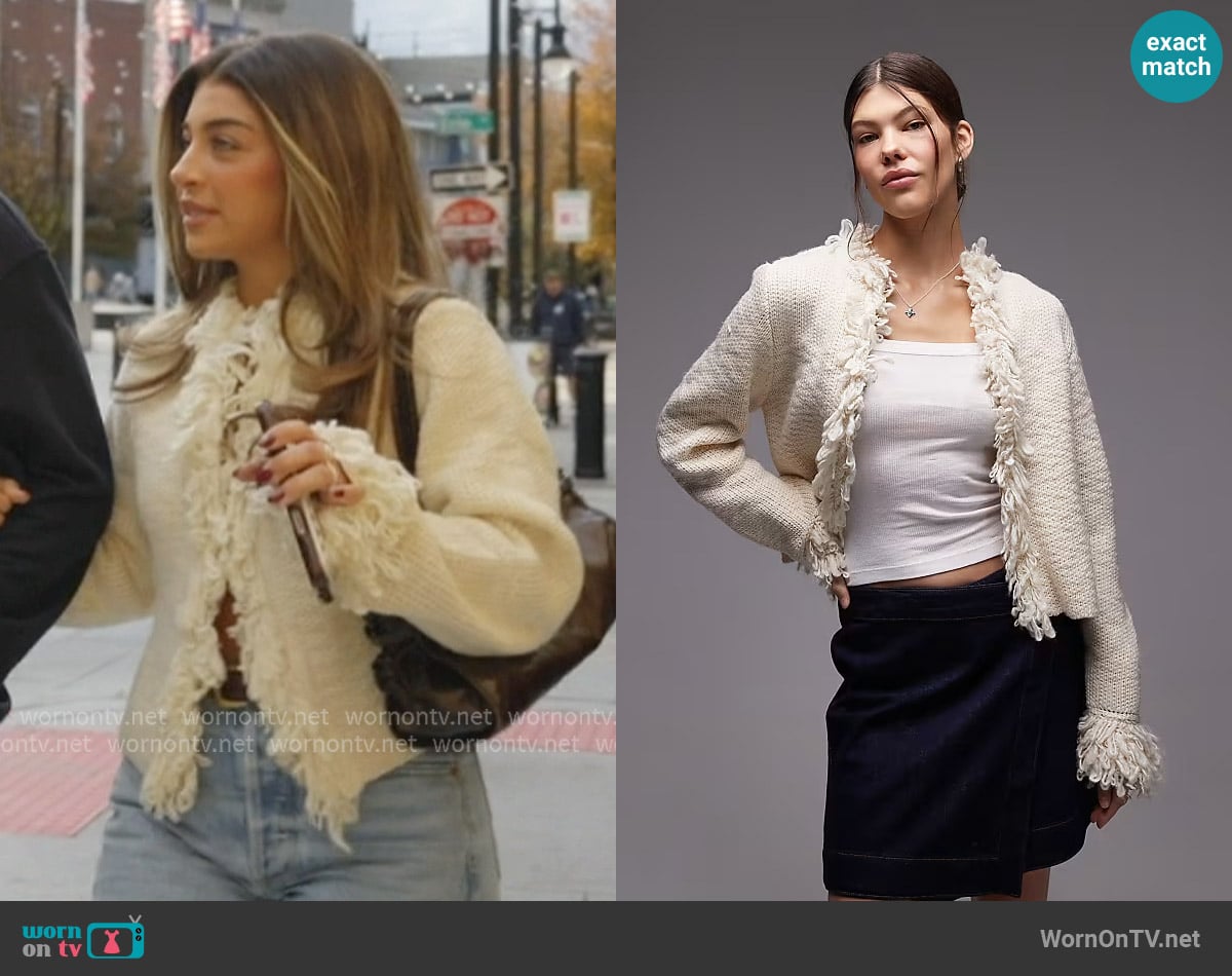 ASOS Emory Park textured trim cardigan in ivory worn by Gia Giudice on Next Gen NYC
