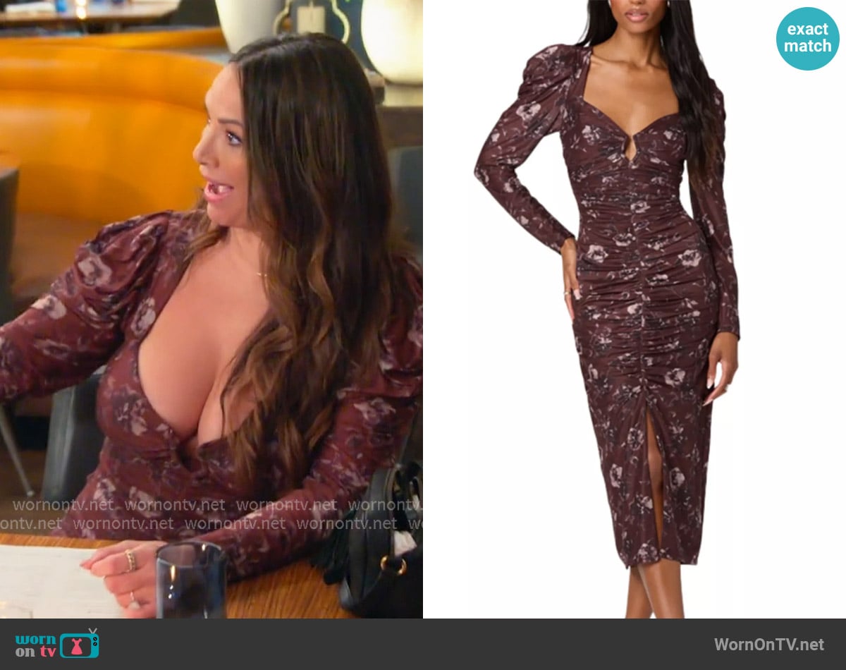 ASTR the Label Long Sleeve Mesh Ruched Midi Dress worn by Kristen Doute on The Valley
