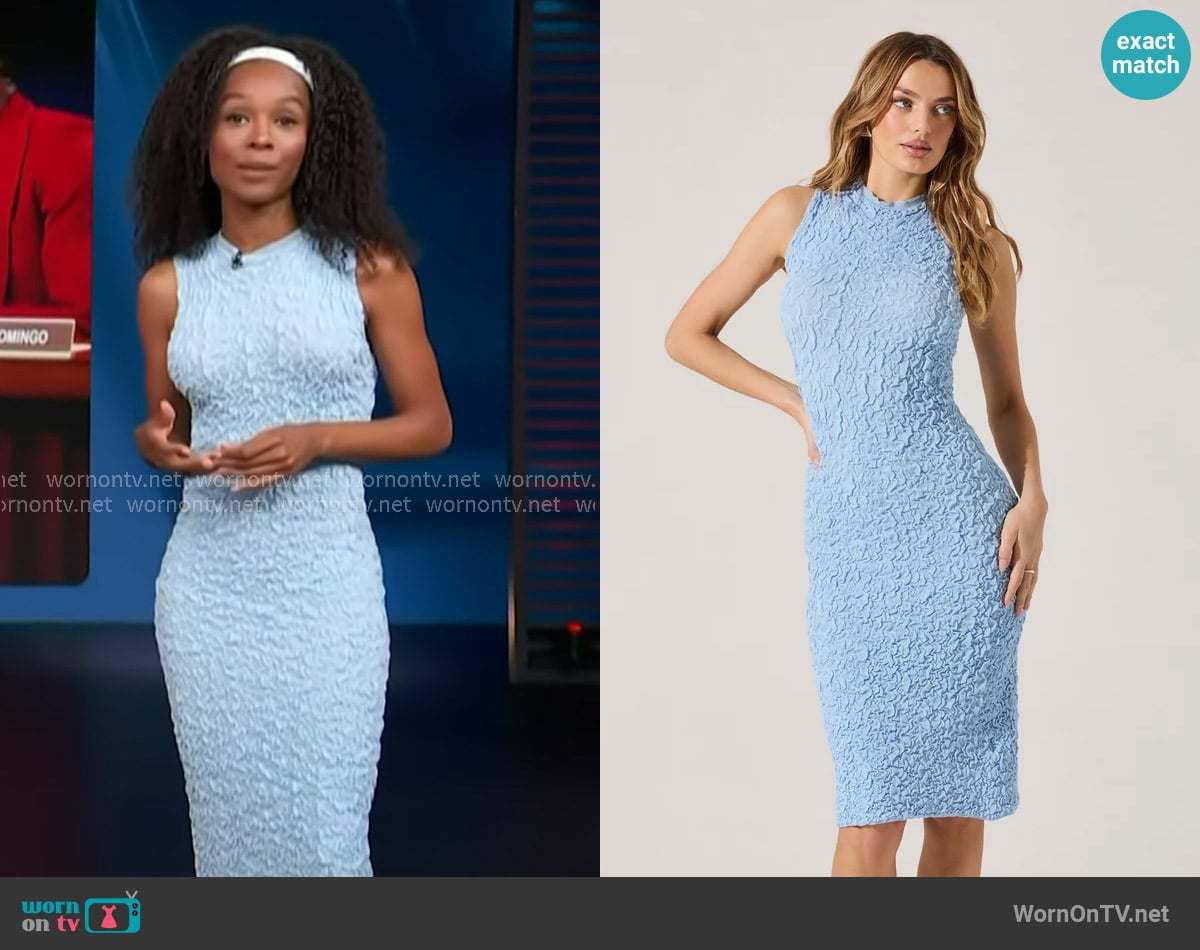 ASTR The Label Textured Bodycon Midi Dress in Sky blue worn by Zuri Hall on Access Hollywood