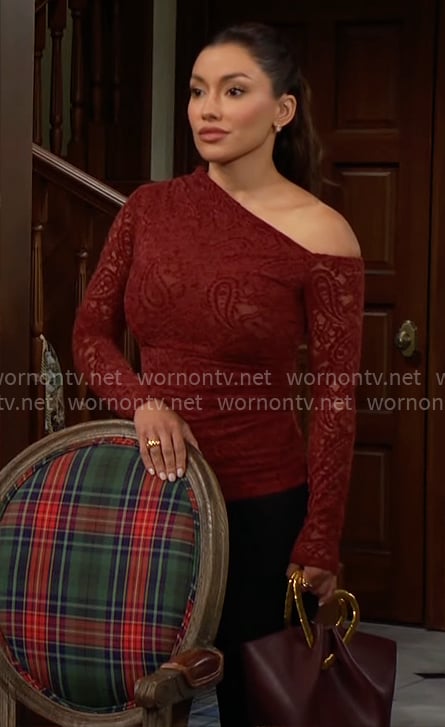 Audra's red lace off-shoulder top on The Young and the Restless