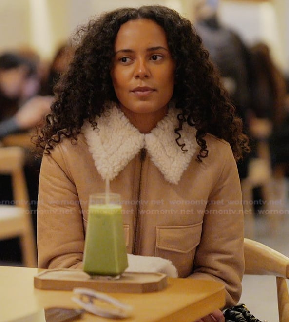 Ava’s beige leather shearling jacket on Next Gen NYC