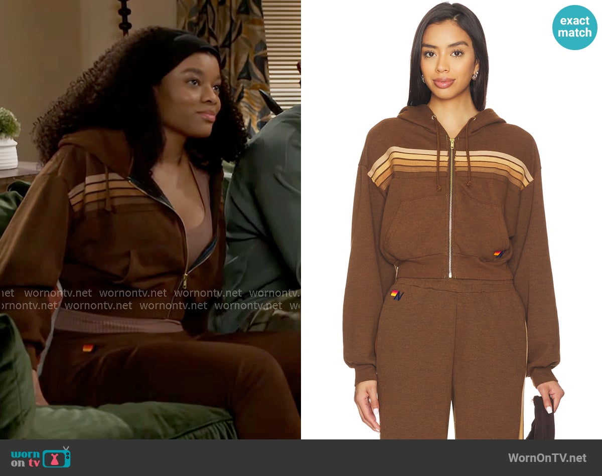 Aviator Nation 5 Stripe Cropped Zip Hoodie in Chocolate / Espresso worn by Eva Thomas (Ambyr Michelle) on Beyond the Gates