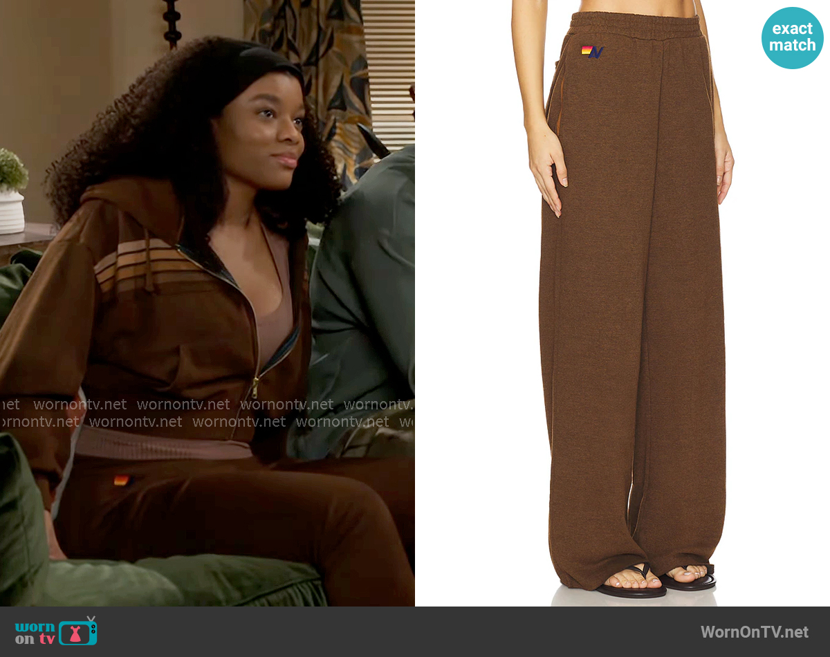 Aviator Nation Wide Leg Pocket Sweatpant in Chocolate worn by Eva Thomas (Ambyr Michelle) on Beyond the Gates