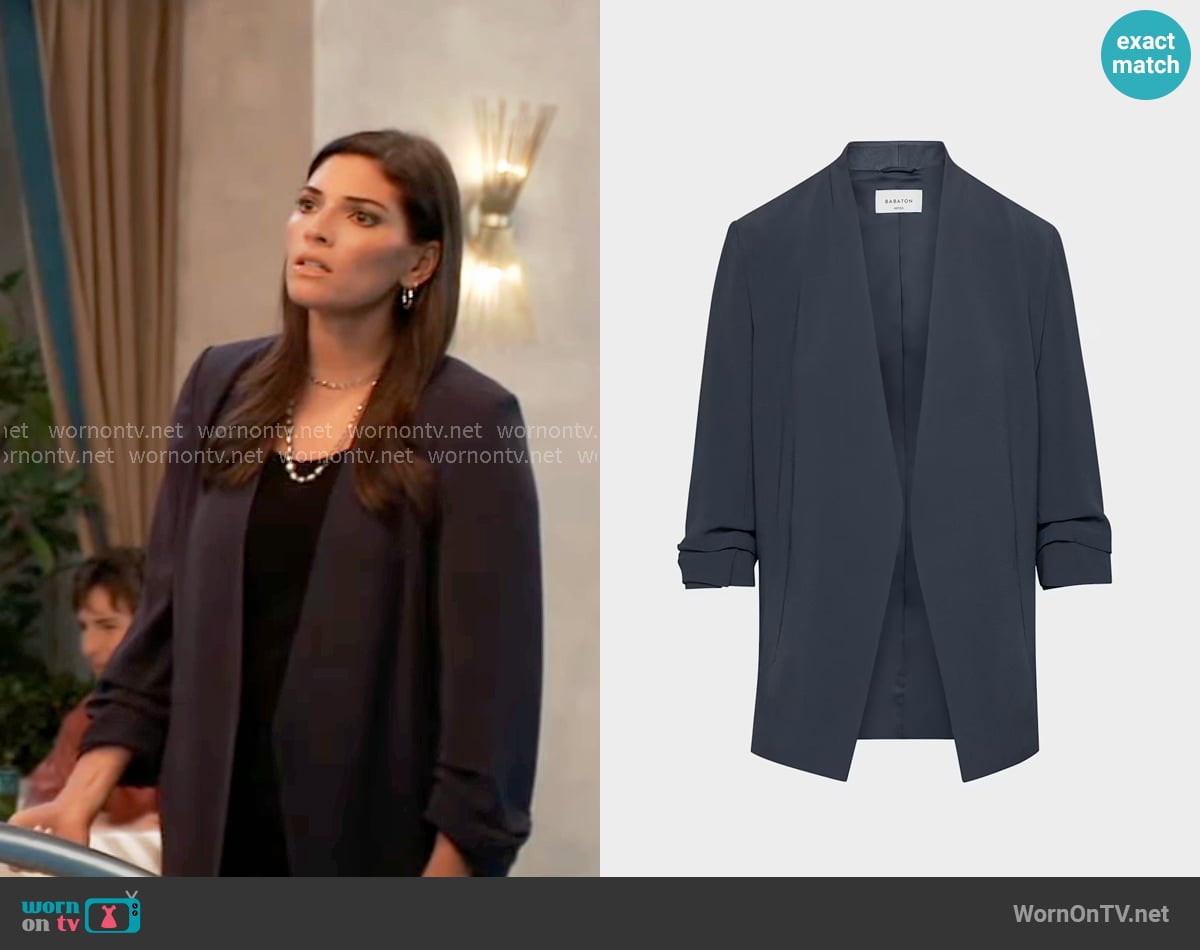 Babaton at Aritzia Power Blazer in Dark Night Navy worn by Brook Lynn Quartermaine (Amanda Setton) on General Hospital