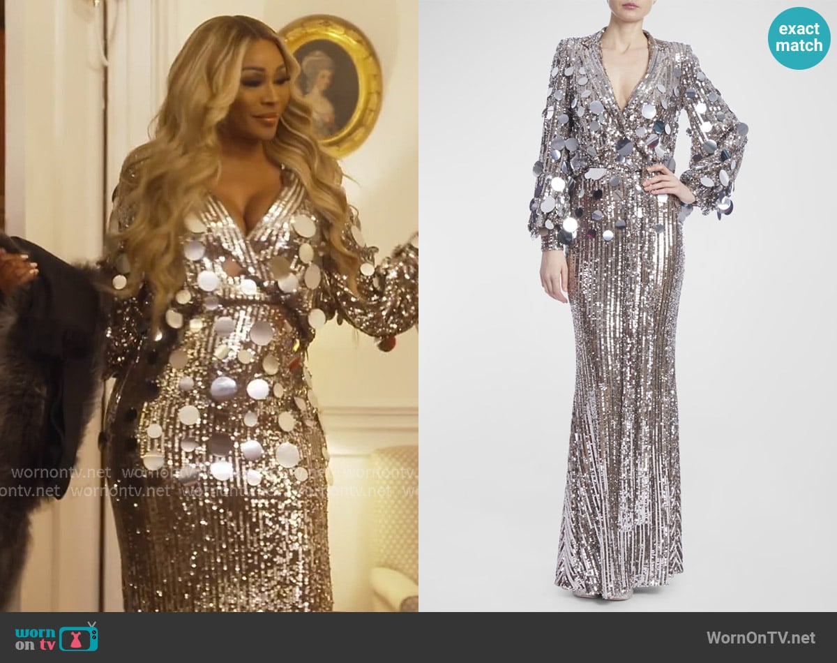 Badgley Mischka Blouson-Sleeve Sequin and Paillette Column Gown worn by Cynthia Bailey on The Real Housewives of Atlanta